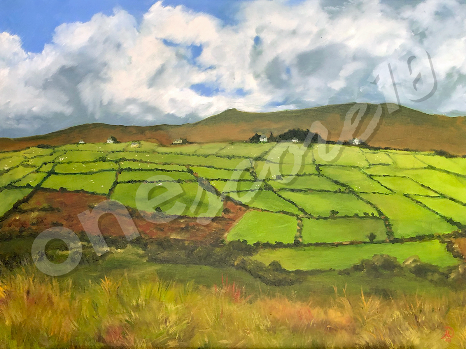 Oil on canvas painting of farm fields in Ireland with mountains and a cloudy Ireland sky along the Wild Atlantic Way. 