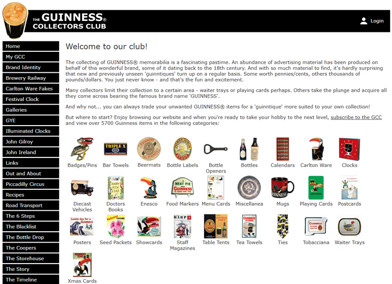 The home page from the guinntiques.com website (home to the Guinness Collectors Club)