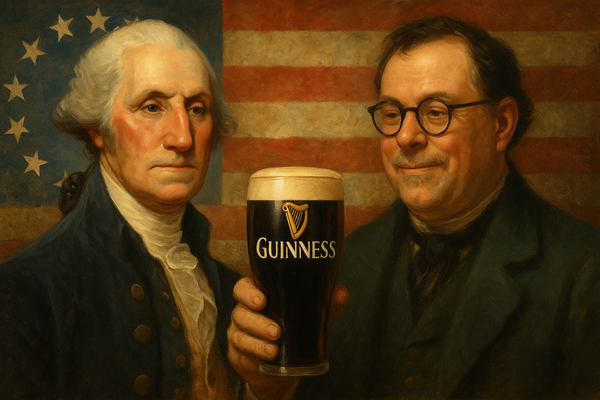 A painterly illustration of the author holding a pint with George Washington.