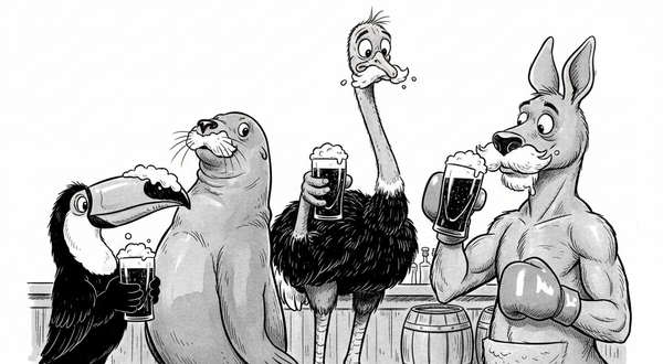 Black-and-white editorial cartoon featuring caricatures of classic Guinness animals—toucan, sea lion, ostrich, and kangaroo sporting Guinness mustaches.