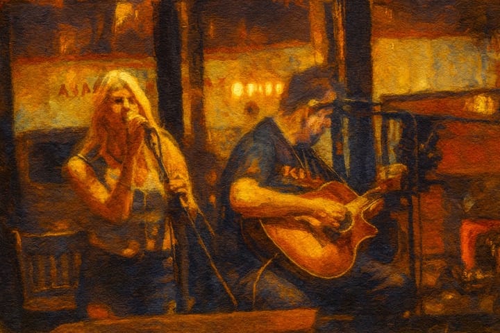 A blonde female singer at the mic, a bearded man, sitting and playing the guitar rocking the music from the stage 