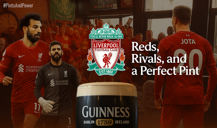 A creamy pint of Guinness in the foreground. Liverpool FC players in action. Supporters in the background. Diogo Jota in fading.