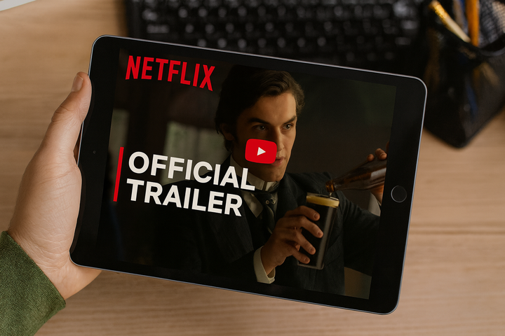 A hand holding a tablet showing the opening of the House of Guinness trailer showing the Netflix logo and a picture of a man pouring a bottle of beer into a glass