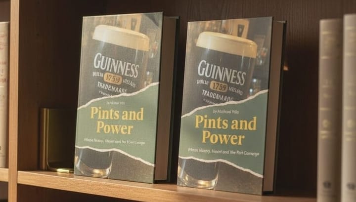 Two hardcover books, titled "Pints and Power" on a bookshelf in a library or bookstore.