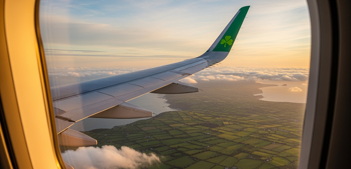 View from inside an Aer Lingus airplane at sunrise, showing the green shamrock wing above the patchwork fields of Ireland