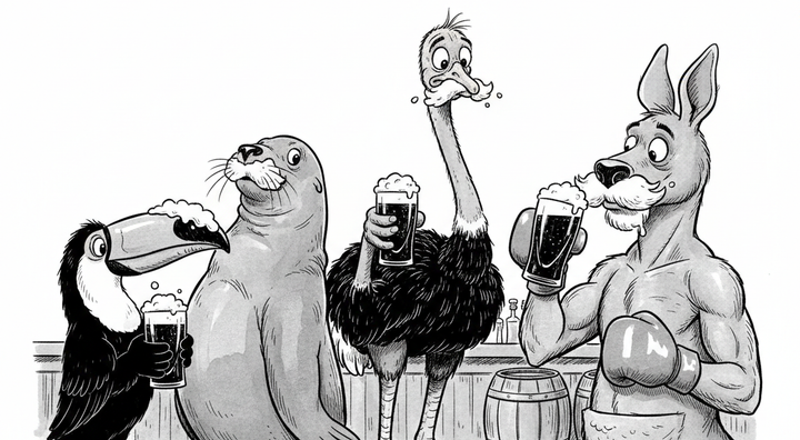 Black-and-white editorial cartoon featuring caricatures of classic Guinness animals—toucan, sea lion, ostrich, and kangaroo sporting Guinness mustaches.