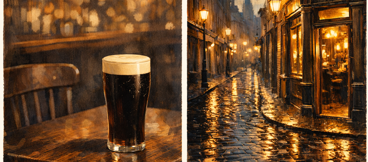 A double image. On the left a warm pub scene. A pint on a table waiting. On the right - a view of a Dublin pub at night from outside 